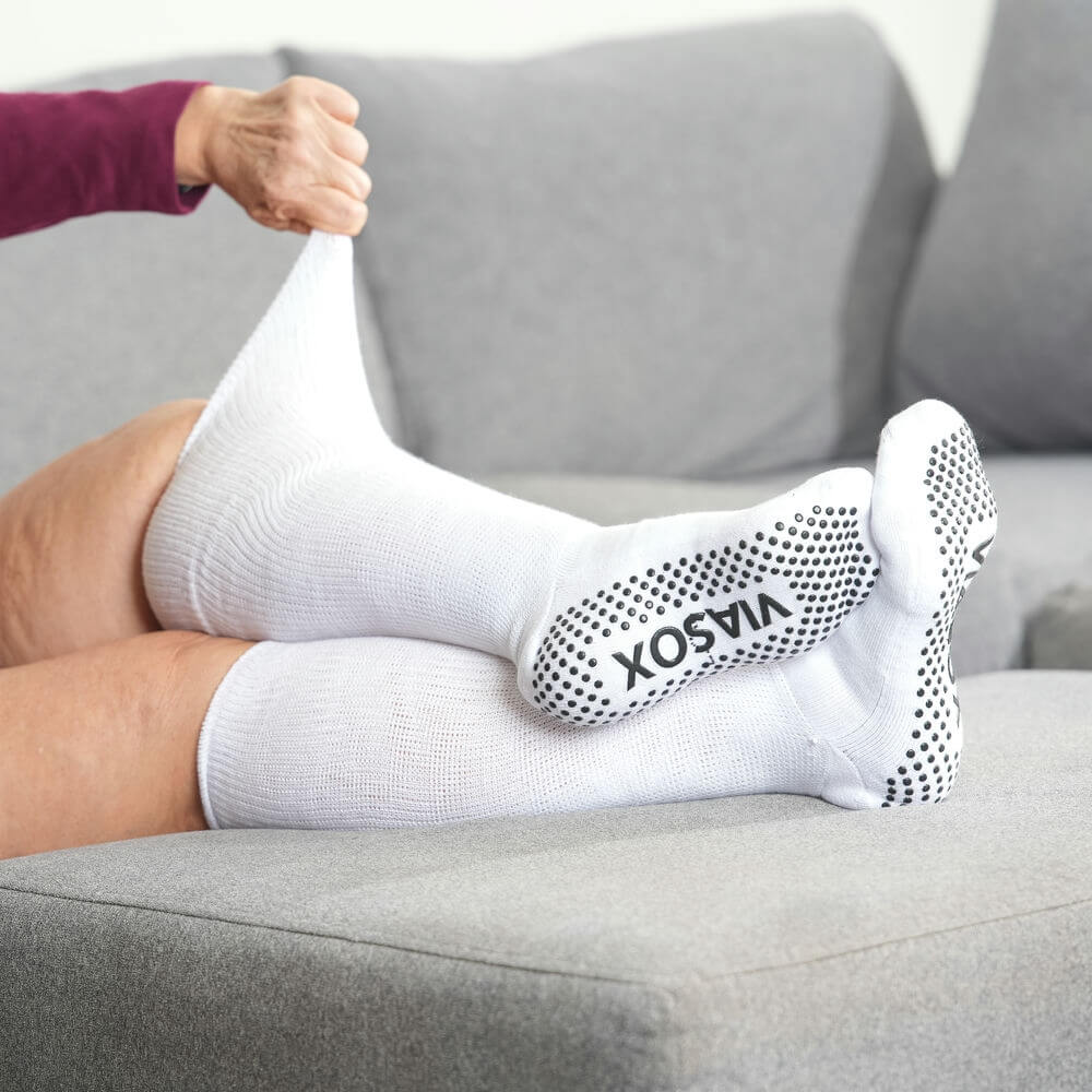 White EasyStretch™ Gripper Socks | Viasox Clean, Secure Fit