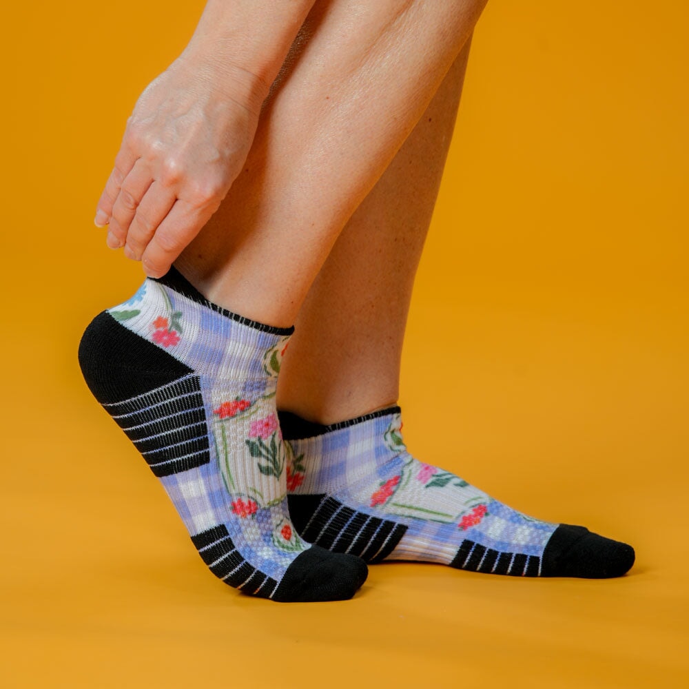 Viasox Lavender Picnic Ankle Compression Socks stretched display