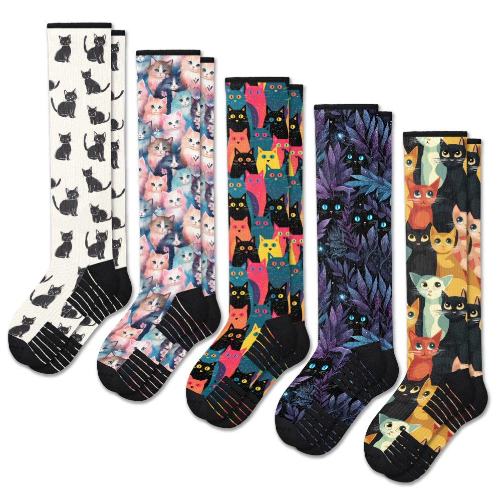 Viasox Cozy Cat Compression Socks 5-Pack Bundle front view