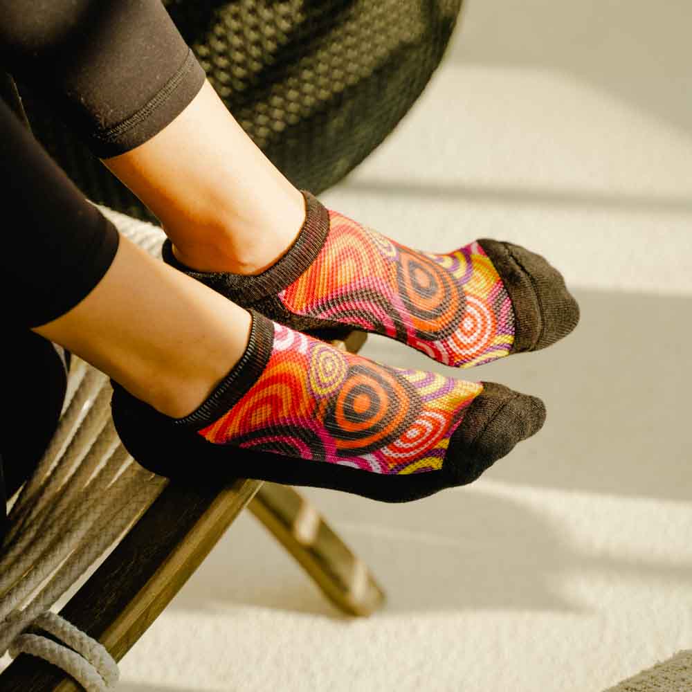 A woman wearing concentric ankle socks