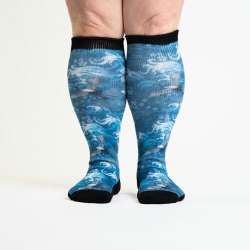 A person wearing stormy waters diabetic socks
