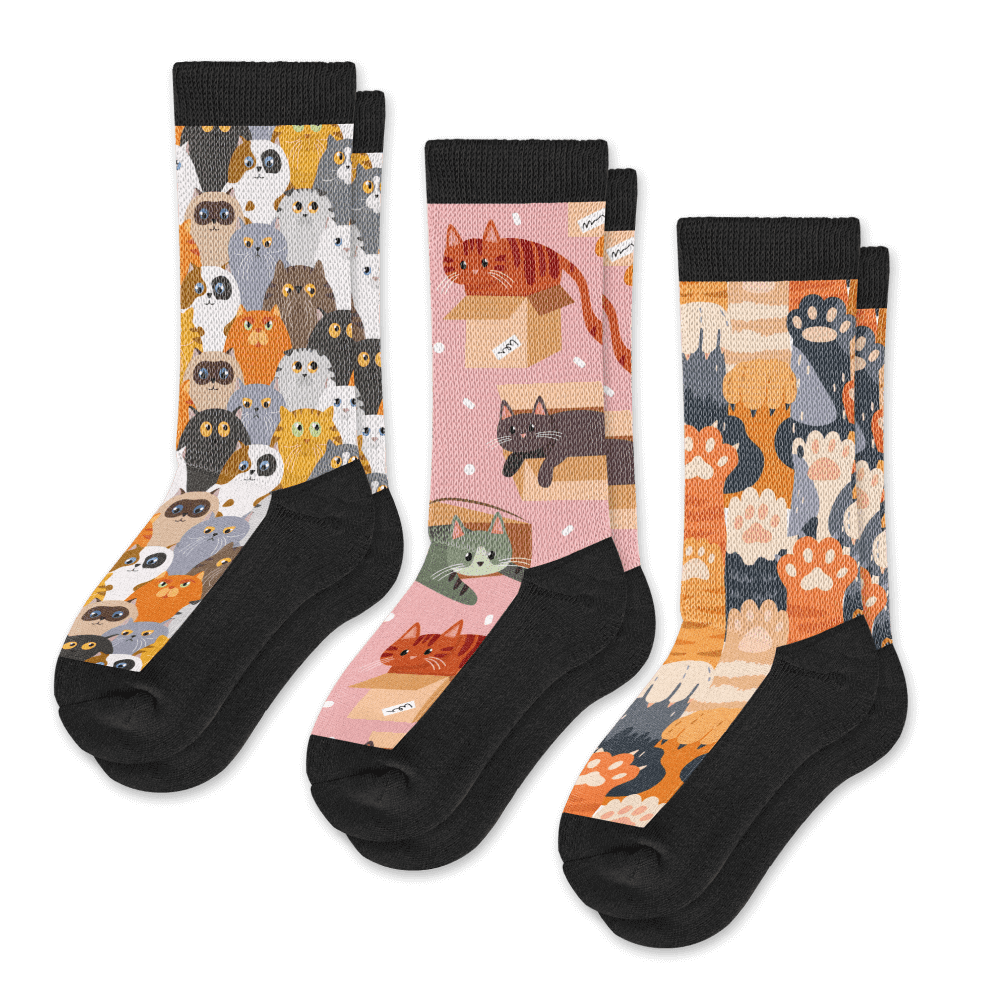 Cat Lovers EasyStretch™ Socks 3-Pack Bundle Crew Cut From Viasox Flat View