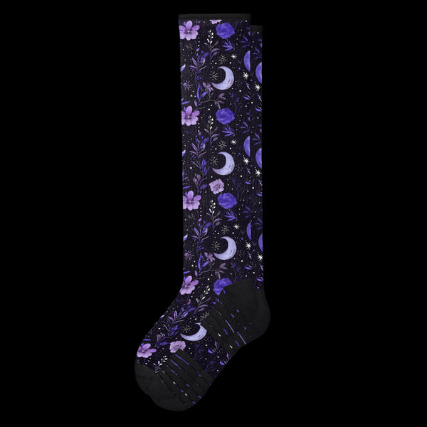 Purple Moon and Flowers Black Compression Socks From Viasox - Flat View