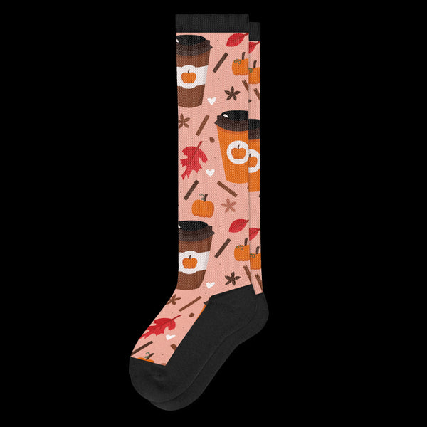 Fall Themed Pumpkin Spice Latte Black EasyStretch™ Diabetic Socks From Viasox - Flat View