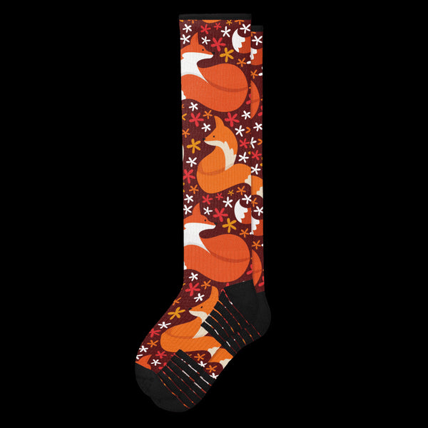 Autumn Foxy Soxy Themed Black Compression Socks From Viasox - Flat View