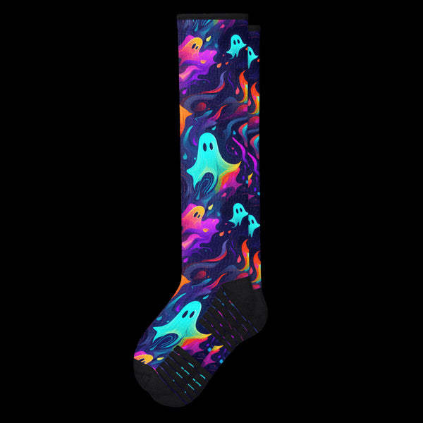 Spooky Colorful Neon Ghosts Black Compression Socks From Viasox - Flat View