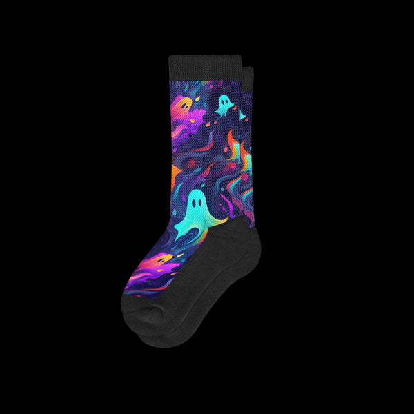 Spooky Colorful Neon Ghosts Black Crew Cut EasyStretch™ Diabetic Socks From Viasox - Flat View