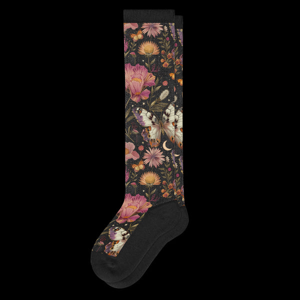 Night Garden Flowers and Butterflies Black EasyStretch™ Diabetic Socks From Viasox - Flat View