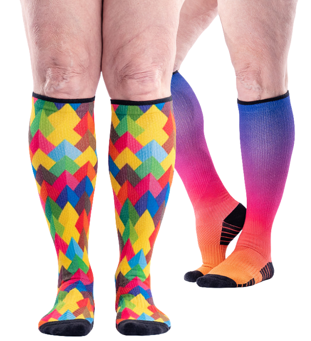 Four standing legs showcasing colorful non-binding and compression socks