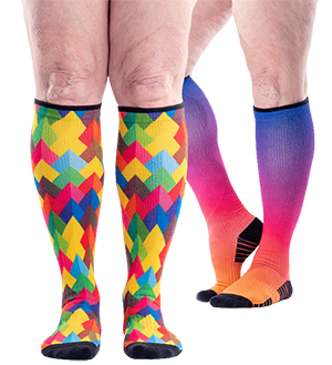 Four standing legs wearing multi-color knee-high compression socks