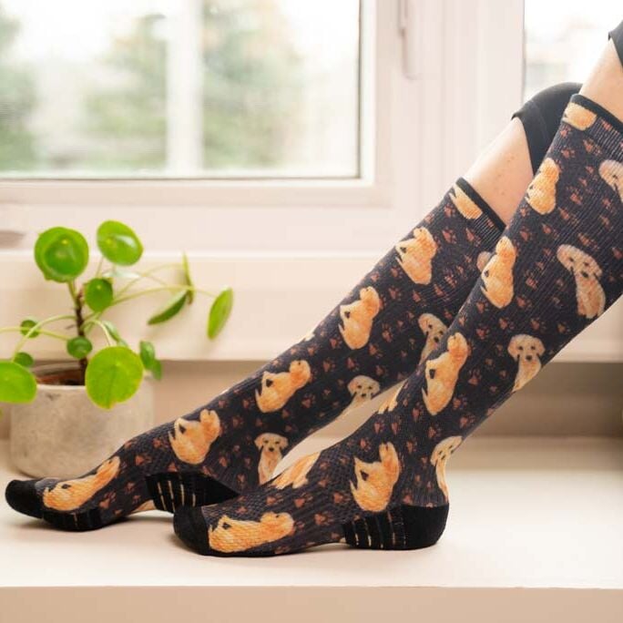 A person wearing puppy compression socks